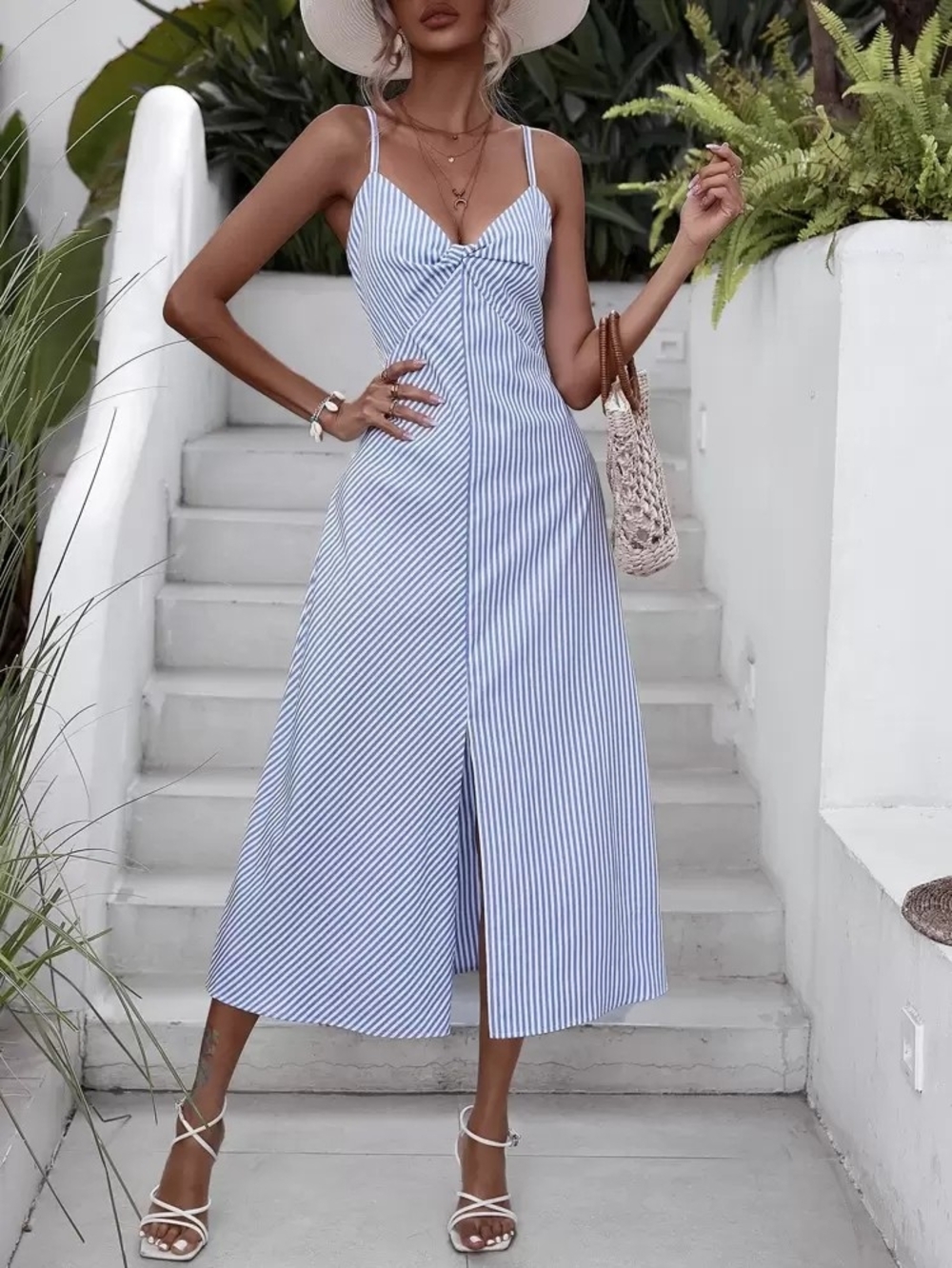 Twist Front Slit Blue & White Striped Spaghetti Strap Midi Dress